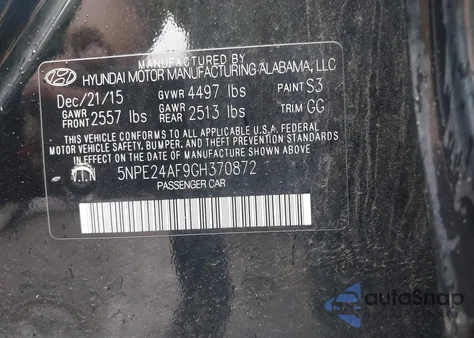 2016 Hyundai Sonata Se z USA, uszkodzony, nr VIN 5NPE24AF9GH370872